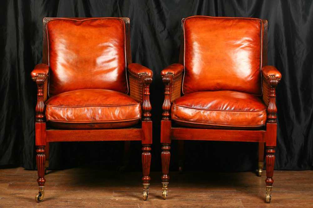 Pair French Bergere Armchairs Chairs Mahogany Regency