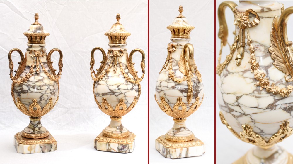 Pair French Marble Cassolettes Urns Antique Vases Amphora Form 1890