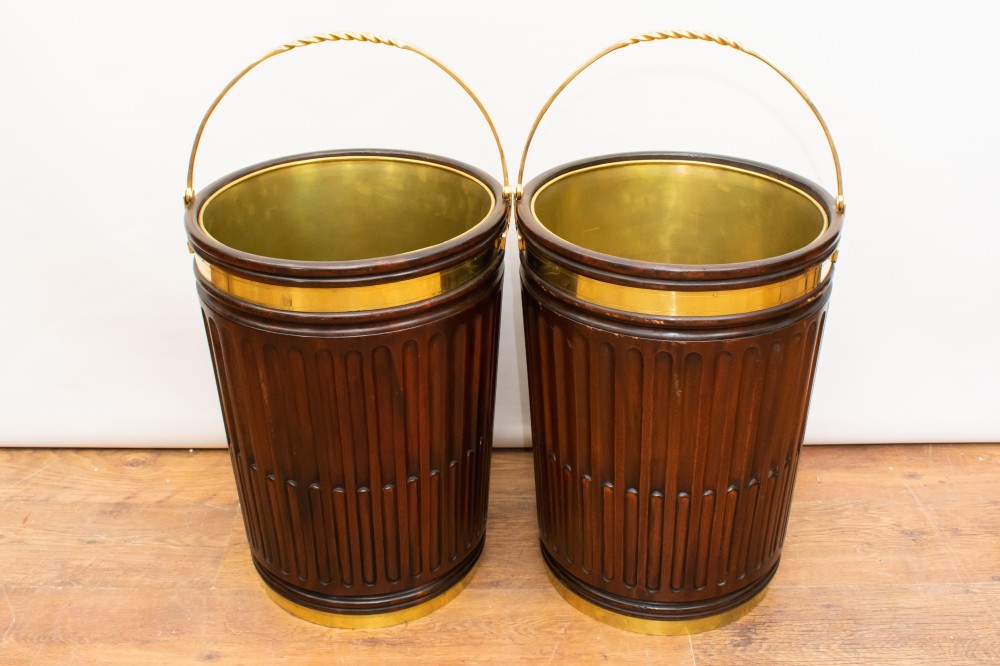 Pair Mahogany Peat Bucket Planters Brass Fittings