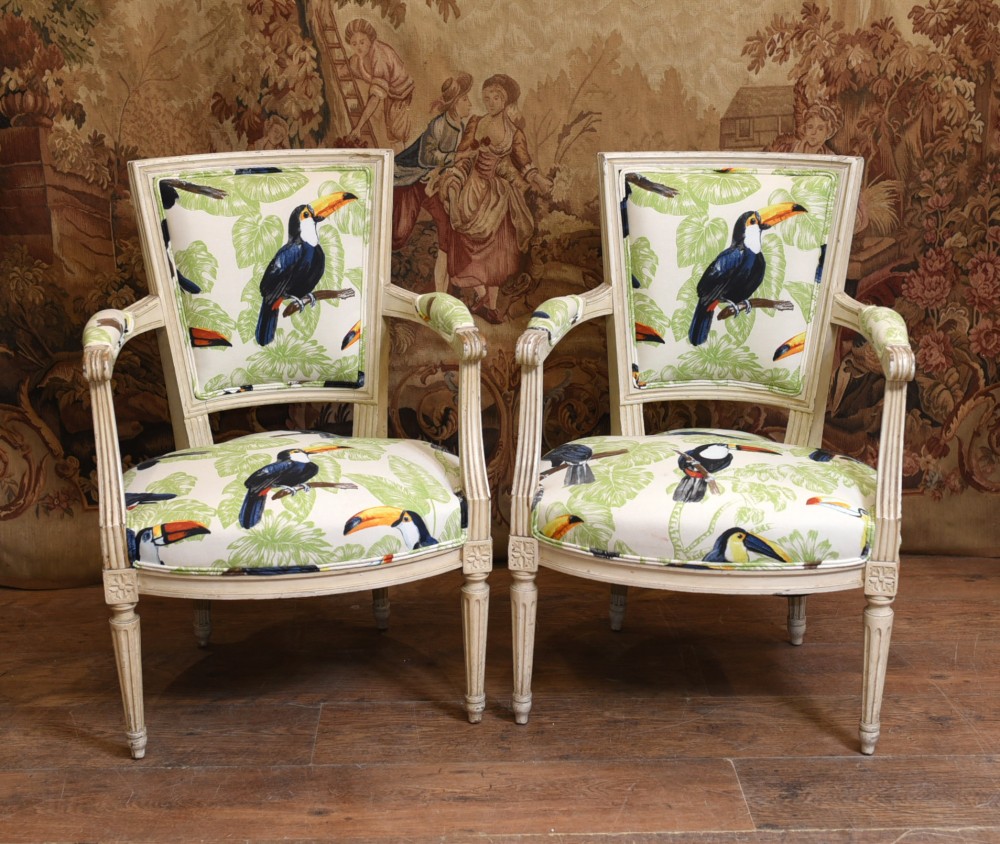 Pair Painted Arm Chairs Regency Tucan Print Interiors