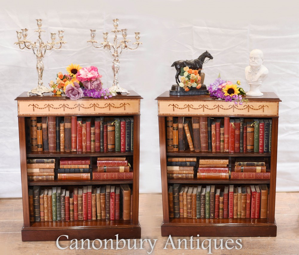 Pair Regency Bookcases - Mahogany Open Front Sheraton Inlay