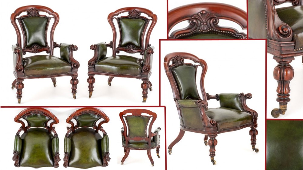 Pair Victorian Arm Chairs Leather Mahogany Open 1850