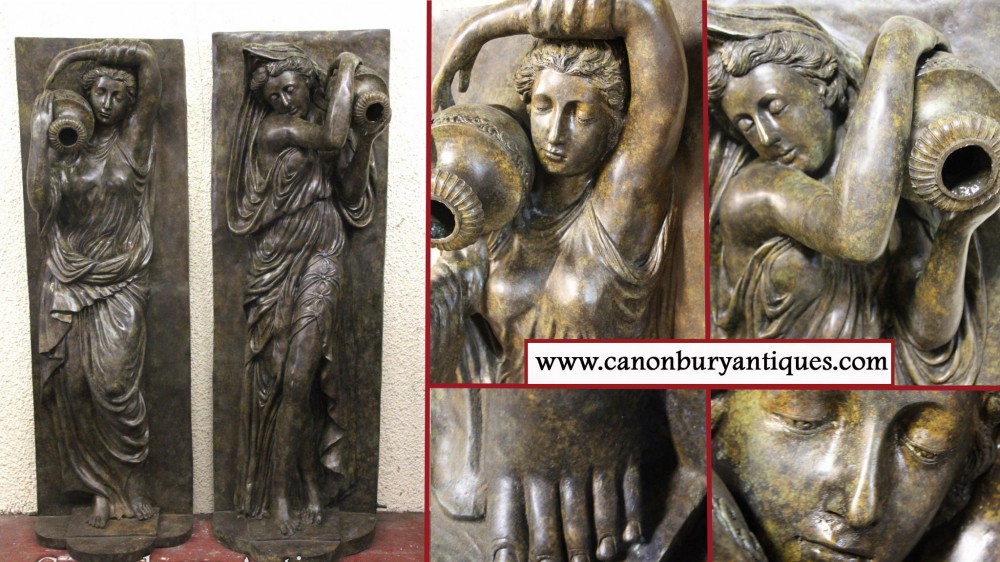 Pair XL Bronze Fountains - Italian Maiden Statues Garden Plaques