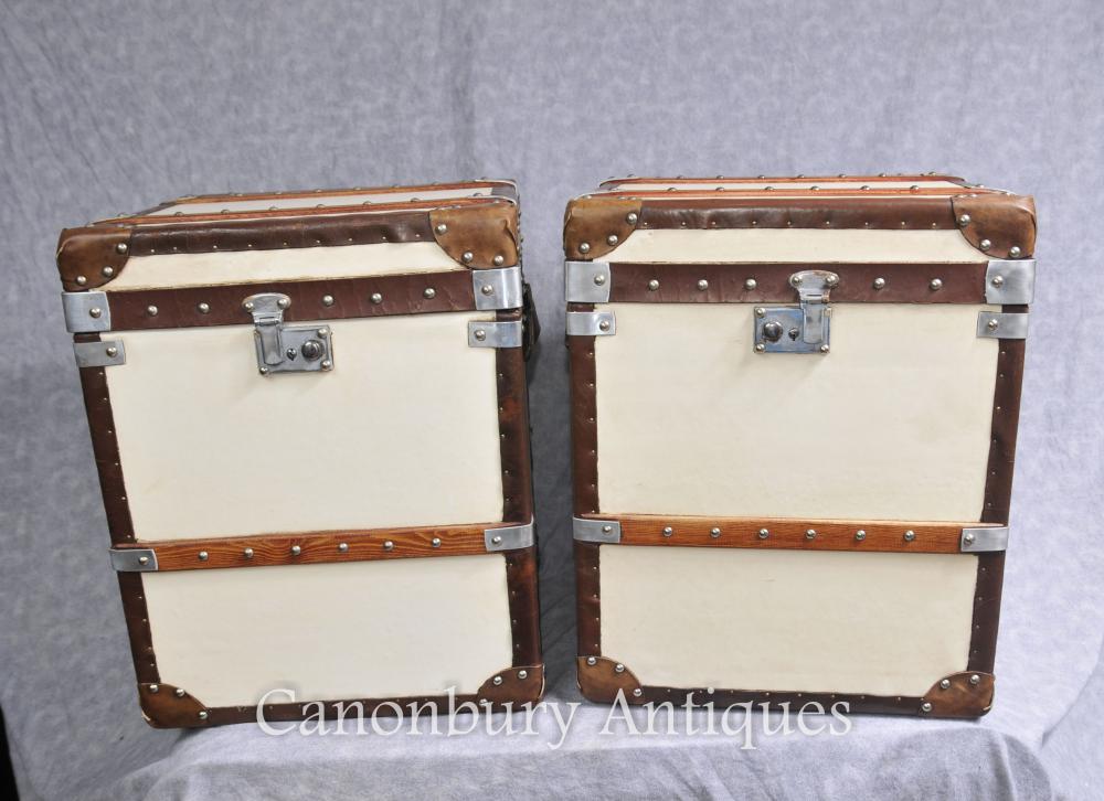 Pair Steamer Trunk English Leather Luggage Boxes