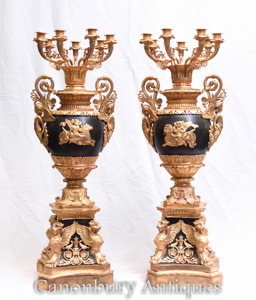 Paire Candélabres Français - Bougies Urnes Empire En Bronze Doré