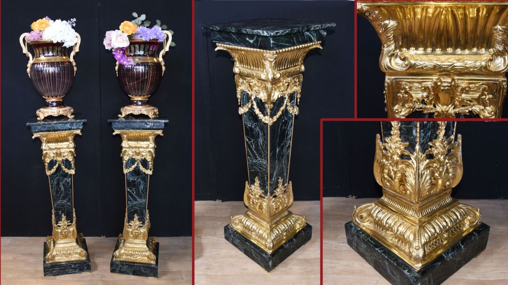 Pair Marble Pedestal Stands - French Empire Table Column Supports