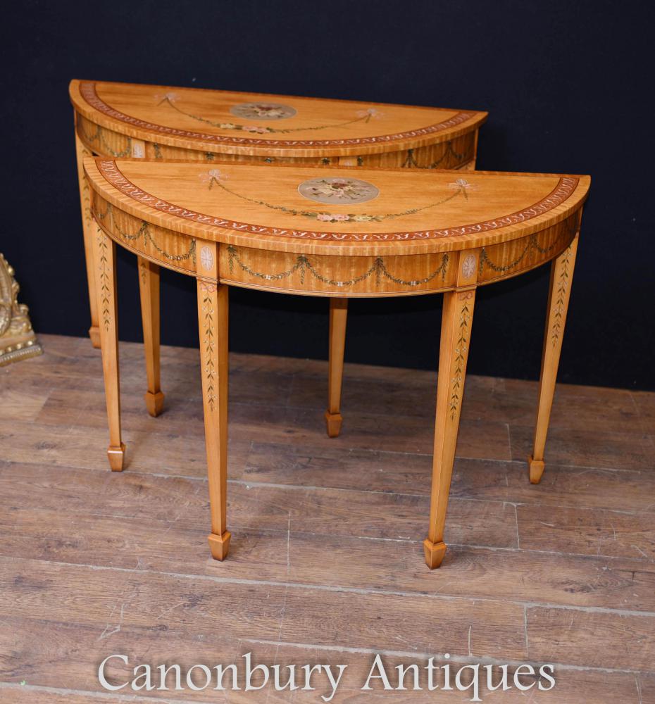 Paire de tables consoles demi-rondes peintes - Adams Satinwood