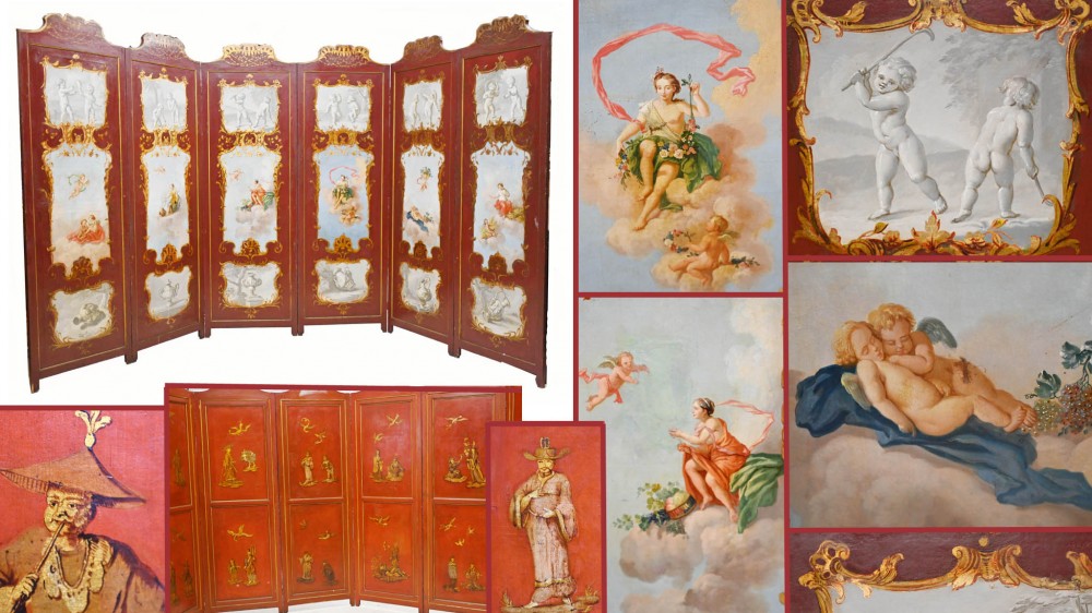 Six Panel Screen Antique Painted Room Divider Chinoiserie