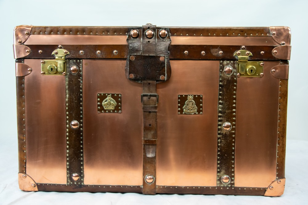 Steamer Trunk Luggage Case - Copper Paneled and Leather Box Table