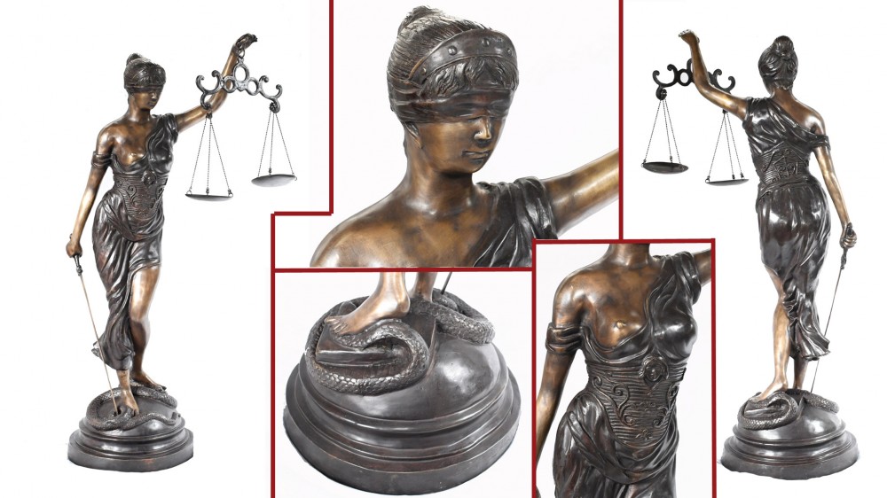 XL Français Bronze Statue Lady Justice Scales Figurine Serpent