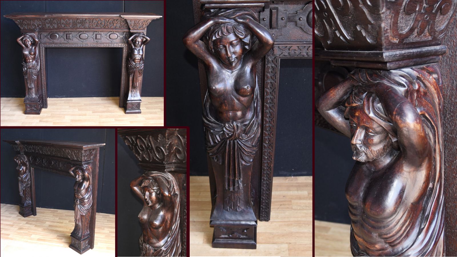 Antique Fireplace - Victorian Gothic Carved Caryatids 1880