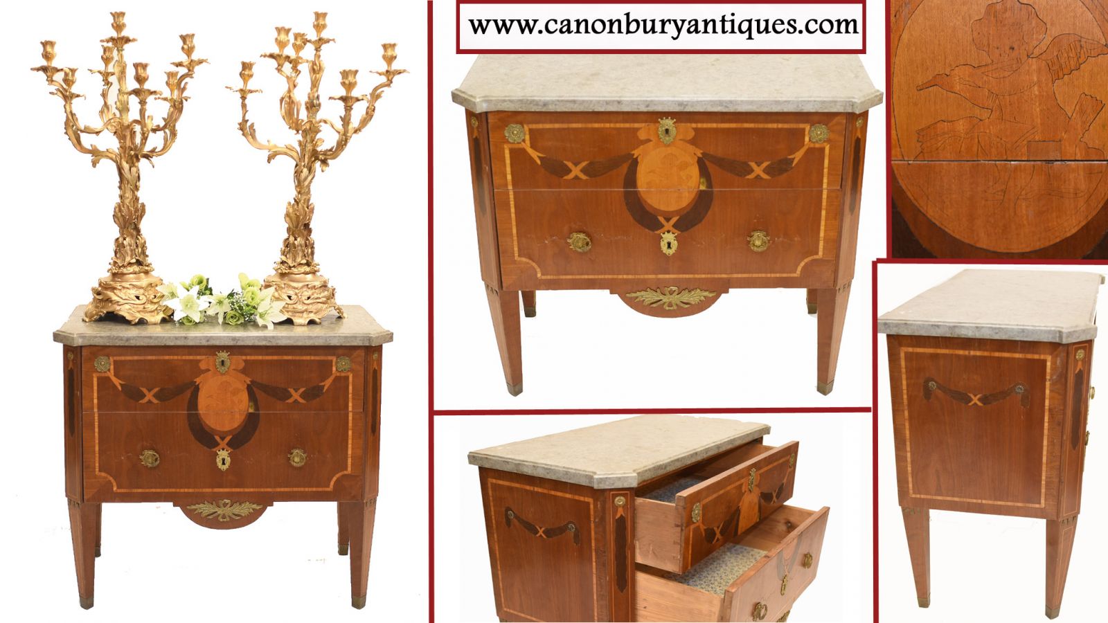 French Empire Commode Chest of Drawers - Antique with Marquetry Inlay