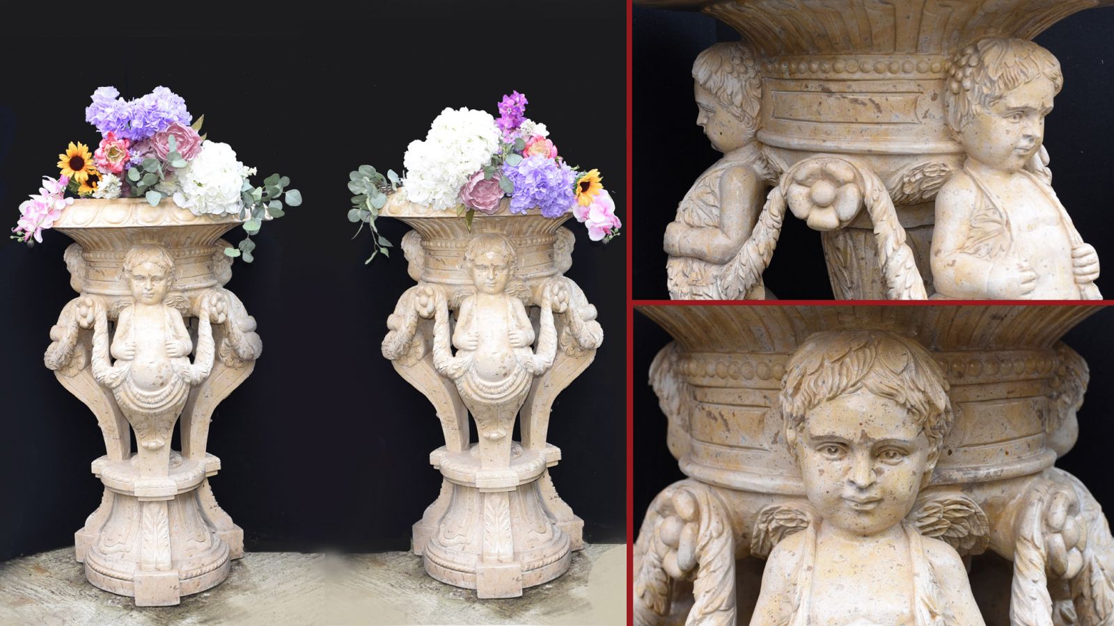 Pair Sienna Marble Cherub Urns - Garden Stone Statues