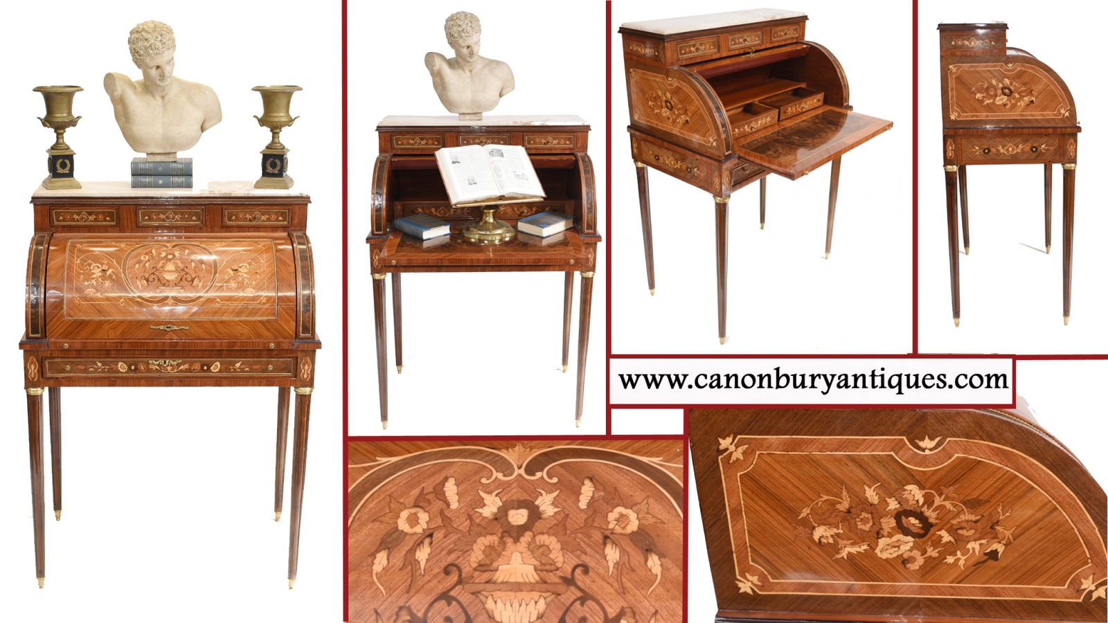 French Roll Top Desk Empire Marquetry Inlay Bureau