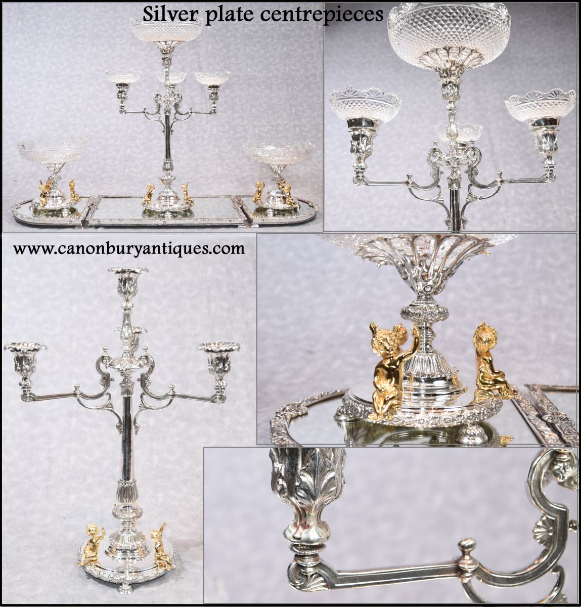 Silver plate epergne centerpiece with gold plated cherubs