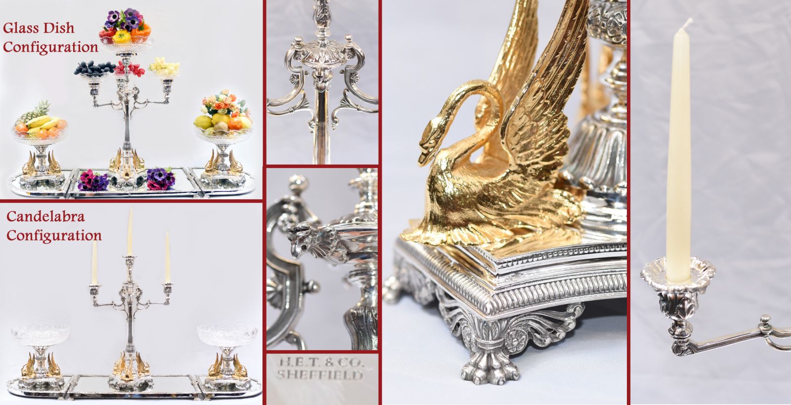 Sheffield silver plate epergne converts from candelabra to glass dish