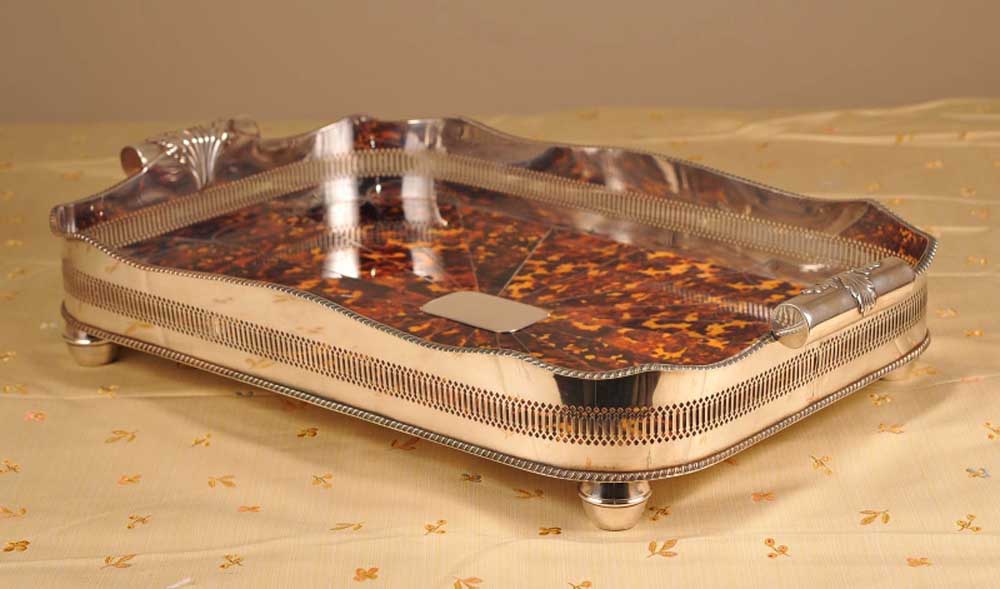 Tortoiseshell Silver Plate Serving Tray Platter Victorian