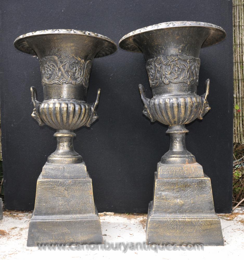 Pair English Cast Iron Campana Garden Urns Pedestal Base