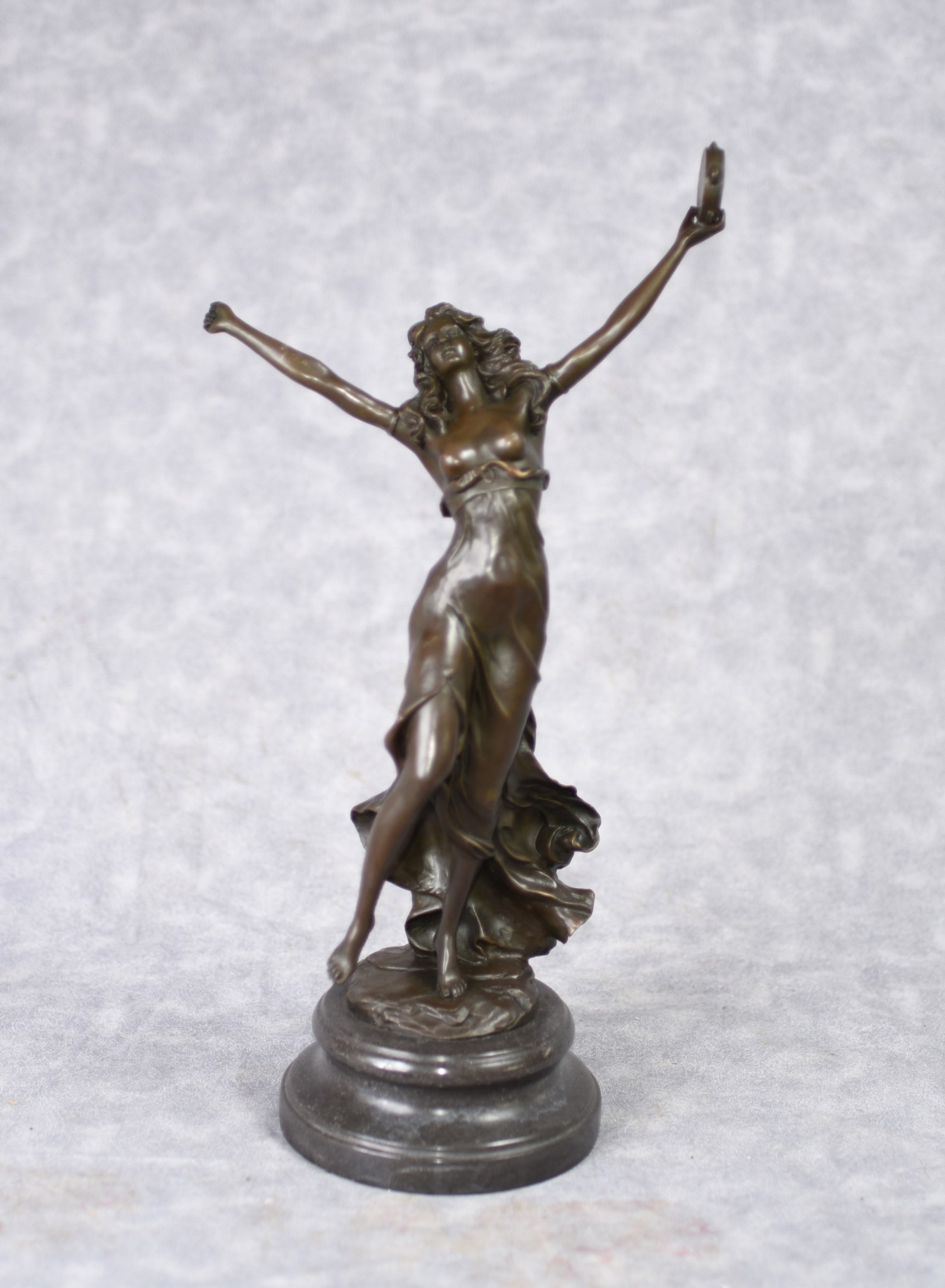 French Art Nouveau Bronze Female Figurine Tambourine Dancer