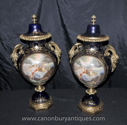 Pair French Sevres Porcelain Angel Vases Urns Satyr Heads