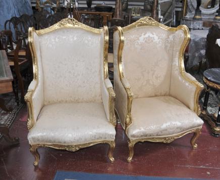 Pair French Louis XV Arm Chairs Fauteils Sofa Seat High Back