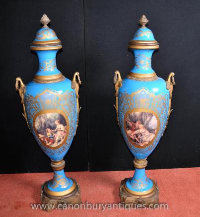 Pair Large Sevres Porcelain Amphora Vases Urns Ormolu Mounts