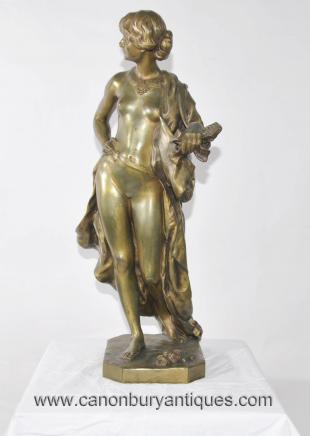 Antique Bronze Mandolin Girl Statue Signed Allouarchi