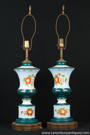 Pair French Floral Porcelain Table Lamps Lights