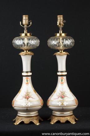 Pair French Art Nouveau Porcelain Crystal Glass Table Lamps Lights