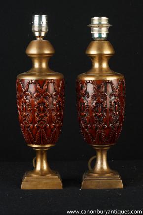 Pair French Carved Ormolu Amphora Table Lamps Lights