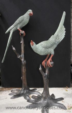 Pair Lifesize Bronze Tropical Parrot Statues Bird Branch Casting