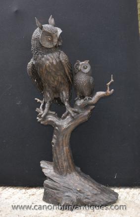 Lifesize Bronze Tawny Barn Owl and Owlet Statue Sculpture Birds Prey