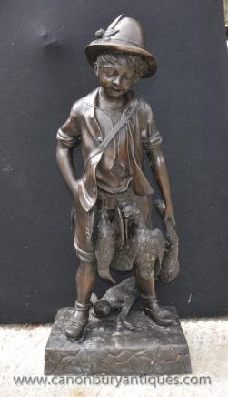 Bronze Hunter Boy Statue  - Large French Phesant Hare Casting