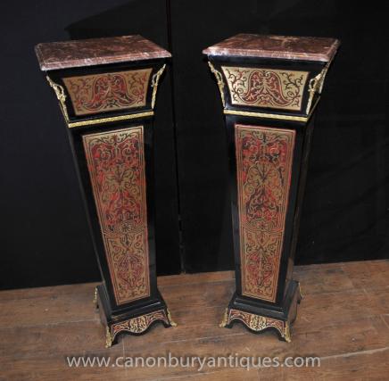 Pair Louis XV Boulle Pedestal Table Stands French Inlay