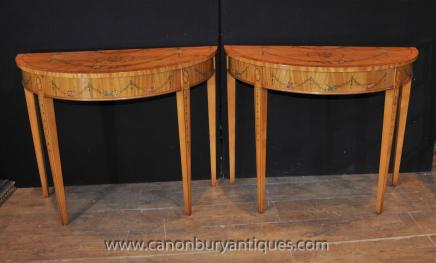 Pair Hepplewhite Console Tables - Demi Lune  Painted Satinwood