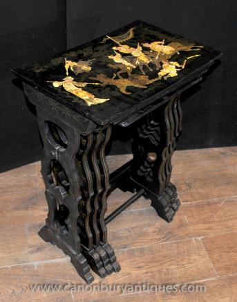 Set French Antique Black Lacquer Nest of Tables Chinoiserie Side Table
