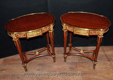 Pair French Empire Parquery Inlay Side Tables Large Table
