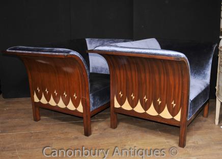 Pair Art Deco Club Chairs - Chair Mahogany Modernist Seat