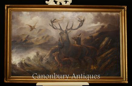 Antique Scottish Oil Painting Monarch of the Glen Stag Highlands Landscape