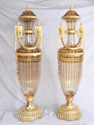 French Empire Gut Glass Urns Vases Amphora Form Ormolu Mounts