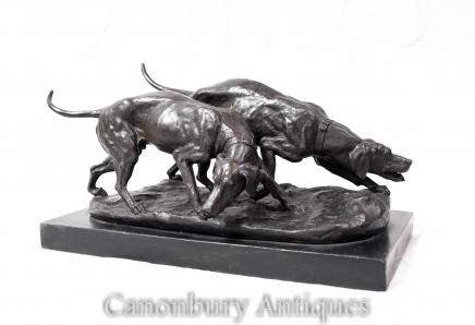 Pair French Bronze Hounds Dog Statue Signed Barye