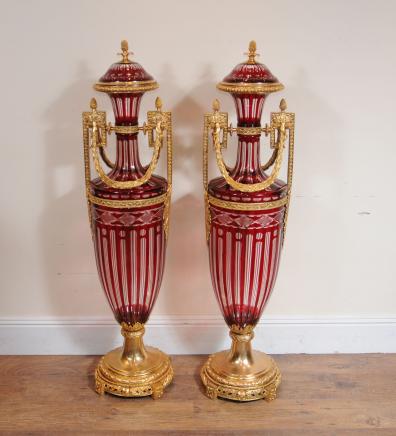 4.5 ft French Empire Cut Glass Urns Vases