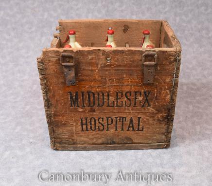 Antique Vintage Middlesex Hospital Glass Bottle Soda Stream Set Wooden Box
