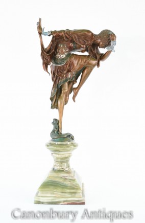 Art Deco Bronze Snaker Charmer Statue by Colinet