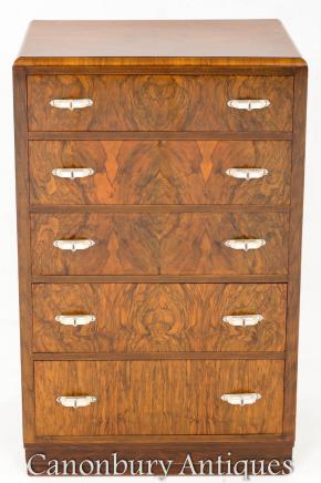 Art Deco Walnut Chest Drawers Cabinet