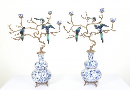 Blue and White Porcelain Candelabras Ormolu Bird Branch