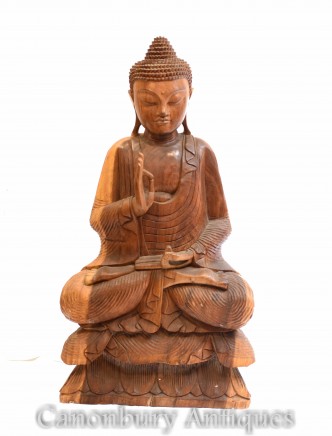 Carved Tibetan Buddha Statue - Buddhism Lotus Pose Art