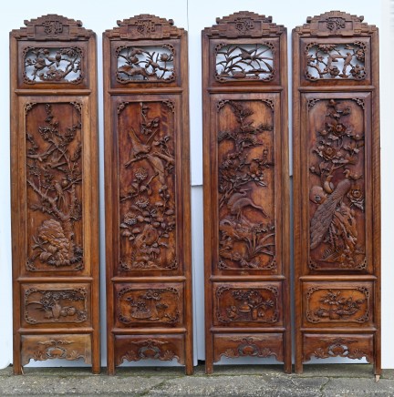 Chinese Carved Room Divider Screen Crane Bird Carvings Antique 1880