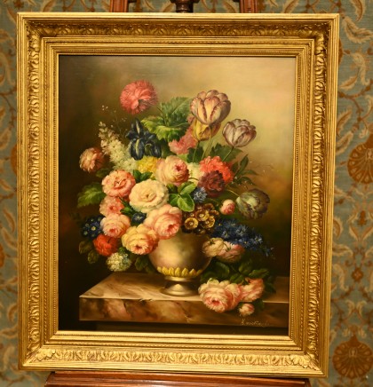 Flowers In Vase Floral Still Life Oil Painting Signed