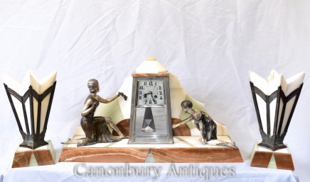 Art Deco Mantle Clock Set - French Antique Spelter Figurine 1920s Marble Urns
